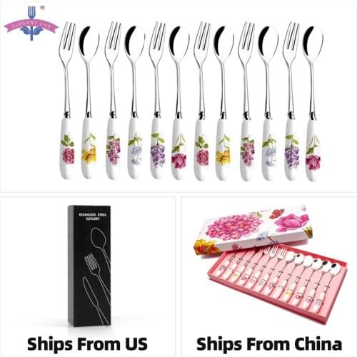 12PCS Ceramic Handle Spoons & Forks Fruit Dessert Stainless Steel Follower Soup Snack Cake Tea Coffee Cutlery Set Tableware Food