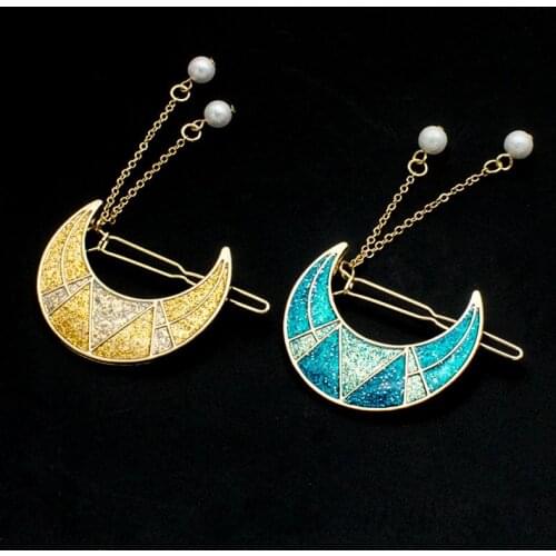 Fashion Elegant Glitter Crescent Moon Hair Clip Barrette Artificial Pearls Fringe Dangling Jewelry For Women Gift Wedding