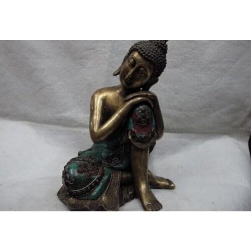 Song voge gem S1205 Tibet Pure Bronze Copper Gild inlay Ruby beryl Rest Meditation Sakyamuni Buddha