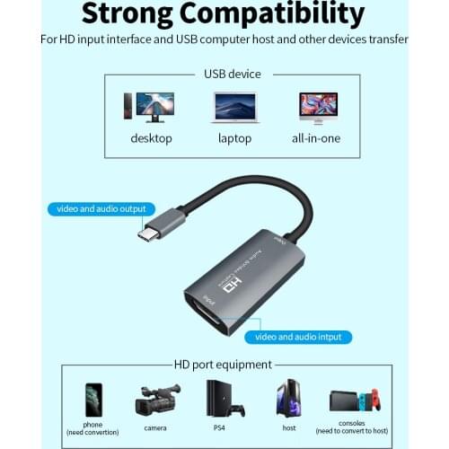 Plug and Play HD Audio & Video Capture 4K Input Full HD 1080P Output Type-C Capture Phone/Computer Game Live