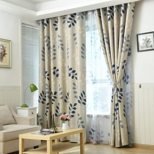 Pastoral Leaf Printed Blackout Curtains for Living Room Polyester Fabric Blue and Green Window Treatments Elegant Kitchen Panels