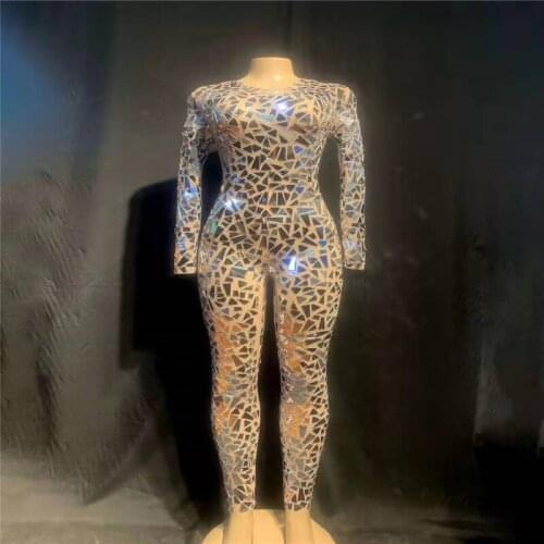 T71 Sexy perspective female mesh jumpsuit silver mirror outfit singer perform leotard dance costumes party wears clothe tights