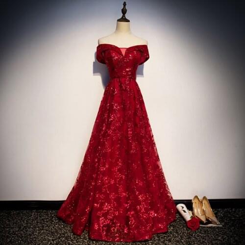 Eveing Dresses Burgundy Bling A-line Floor-length Boat Neck Off the Shoulder Sleeves Plus size Customized Formal Dress R1330
