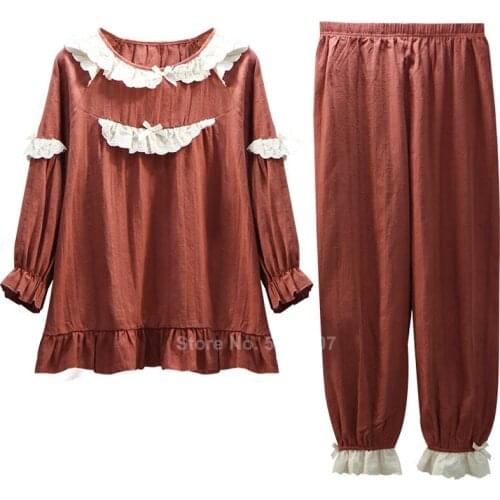Vintage Court Palace Princess Style Pajamas Set for Woman Lace Bow Tie Cute Sleepwear Cotton Summer Autumn Lounge Pyjamas Suit