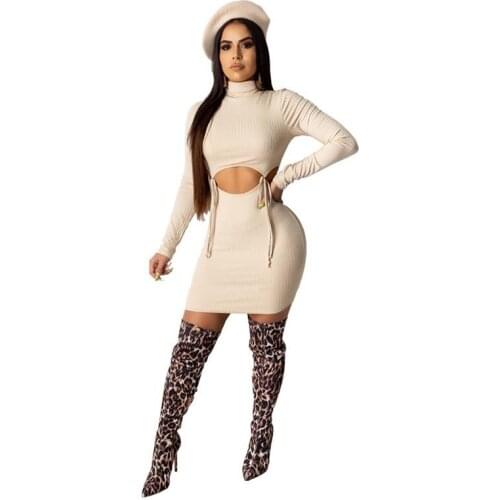 Hollow Out Sexy Women 2 Piece Set Skirt Long Sleeve O Neck Tops + Lace High Waist Elastic Slim Mini Skirts Fashion Party Outfits