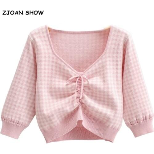 2020 Women Knitting Pleated Ruched Plaid Sweater Vintage V neck Exposed navel Short Pullover Knitwear Long sleeve Jumper Tops
