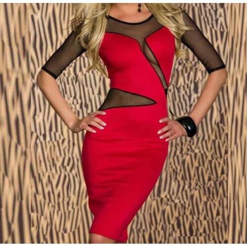 Dream Vine Hot sale Sexy The Mesh Split Fashion Midi Dress Red Blue Black Mesh Dresses Sheath Bodycon Round Neck Cut Out Dress