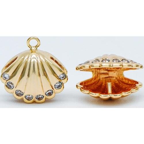 10pcs CZ Paved Shell Charms 12mm, Gold tone Brass, 3D Seashell Pendants, Can Add Pearls (#GB-604)
