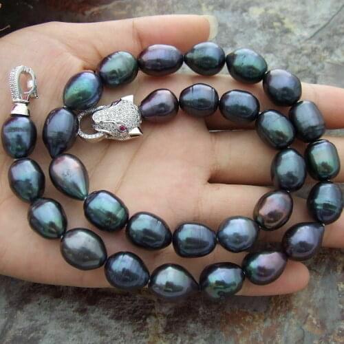 18''NEW AAA 10-12mm Natural Tahitian Black Pearl Necklace Leopard