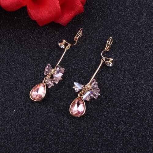 2018 Shiny pink Crystal Rhinestone Long Clip on Earrings New Design Fashion Statement Earrings Jewelry For Women Gift Brincos