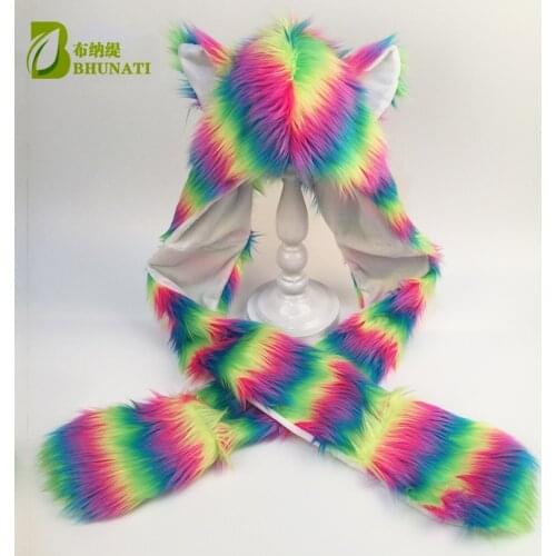 2018 Winter Faux Fur Hats Women Warm Beanie Hats with Ears Scarves Girls Novelty Cartoon Animals Party Caps Female Hats