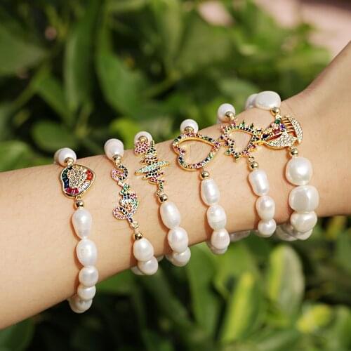 2021 Pave Chic Cubic Circon Gold Connector Jewelry Charm Natural Freshwater Pearl Bead Stretchable Bracelet For Woman Girl Gift