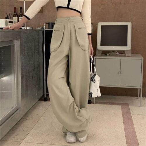 Harajuku Straight-leg Pants Wide Leg Pants for Women Large Pockets Korean Fashion Cargo Pants Ankle Pant High Waist Trousers