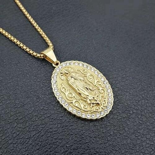 Gold color Virgin Mary Pendant Necklace For Men Women 316L Stainless Steel Chain Necklaces zircon Gifts