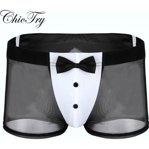 Black Mens Role Play Cosplay Boxer Butler Waiter Tuxedo Lingerie See Through Mesh Boxer Shorts Underwear with Back Rabbit Ears