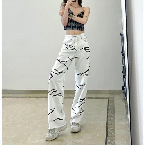 5XL Jeans Womens Spring Autumn New Large Size Zebra Print Button Zipper High Waist Commuter Loose Denim Straight Trousers ZM165