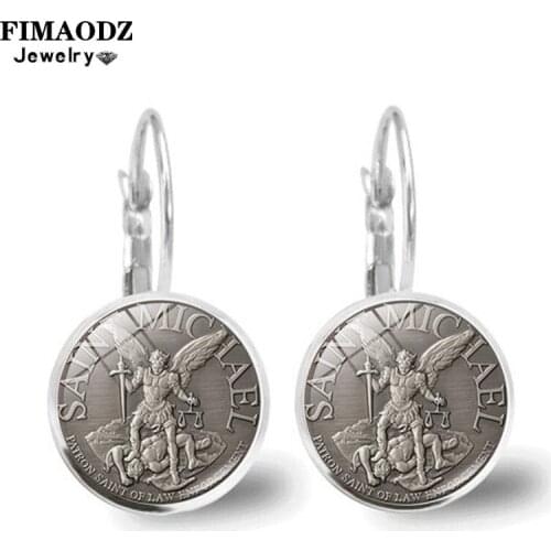 FIMAODZ Archangel St.Michael Earrings Protect Me Saint Shield Angel Protection Glass Gem Dangle Earring Amulet Jewelry