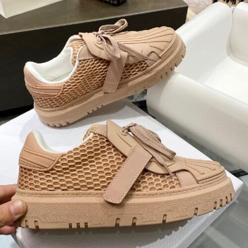 Air Mesh Sneakers Women Real Cow Leather Woman Shoes Hook Loop Thick Bottom Casual Shoes Leisure Fashion Designer Shoes Women