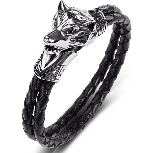 Fashion Double Braided Bracelet Men Punk Jewelry Stainless Steel Wolf Head Leather Bangles Male Handmade Wristband Gifts P545