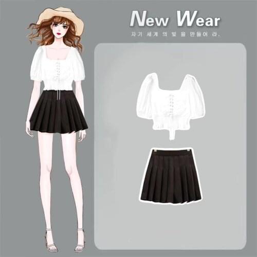Plus Size Womens 2021 New Sweet Style Short-sleeved Pleated Skirt Suit Women