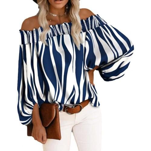 Mew Autumn Off Shoulder Ruffle Women Casual Crop Tops Striped Print Blouse Long Puff Sleeve Thin Loose Fit Shirt Pullover Top