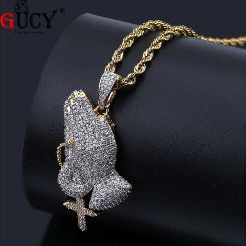 GUCY Hip Hop Gold Color Iced Out Micro Pave CZ Praying Hands n Cross Pendant Necklace Charm Jewelry For Men Women Gift