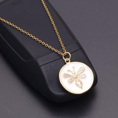 Colour Enamel Process Copper Pendant Necklace For Women Stainless Steel Golden Chain Trendy Choker Diamond Inlay Insect Jewelry