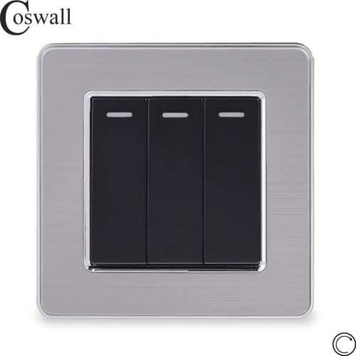 Coswall Stainless Steel Panel 3 Gang 1 Way Reset Switch Pulse Switch Momentary Contact Switch Push Button Wall Light Switch 16A