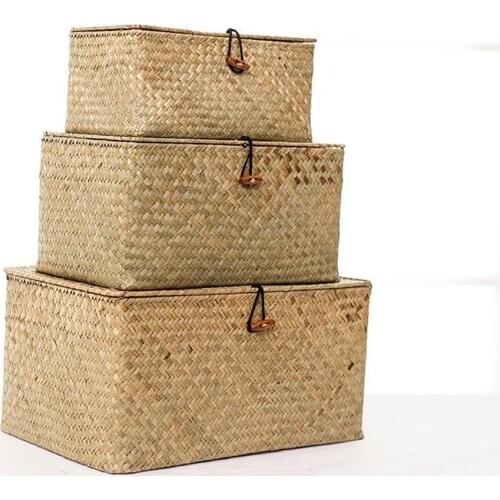 Woven Storage Basket With Lid Rattan Sundries Storage Box Wicker Basket Handmade Sorting Boxes Seagrass Jewelry Organizer