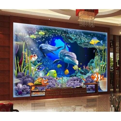 Custom Photo Wallpaper Mural 3D Stereo Underwater World Dolphin Mother and Child Love Deep wallpaper papel de parede