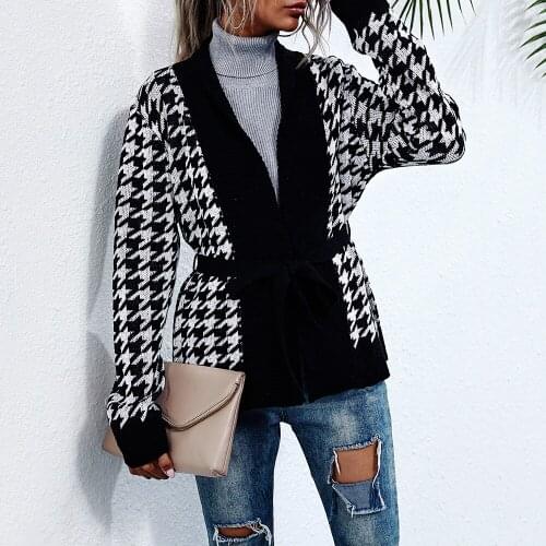 Casual V-Neck Houndstooth Knitted Cardigan Women Autumn Winter Long Sleeve Jumper With Sashes Female Fashion Oversize Sweater