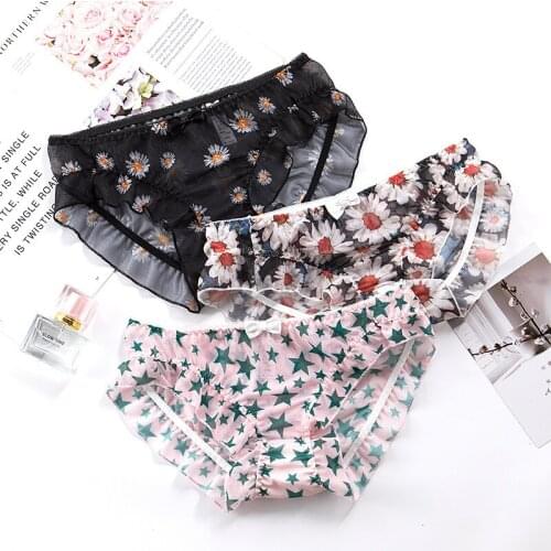 Sexy Little Daisy Net Yarn Womens Underwear Bow Print Seamless Thong Panties Transparent Temptation Sex Female Lingerie Tanga