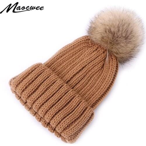 Faux Fur Pom Pom Beanie Hat For Female And Children Winter Warm Soft Knitted Skullies Beanies Hat Casual Solid Crochet Ski Caps
