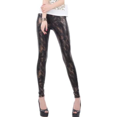 Women 2019 Autumn Winter Leather Pants Female Print High Waisted Trousers Ladies PU Skinny Strech Pencil Leggings Pantalons E35