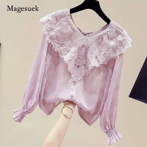 2020 Plus Size Pullovers Ladies Tops Office Floral Ruffles V Neck Women Blouse Autumn Lace Women Long Sleeve Chiffon Shirt 11158