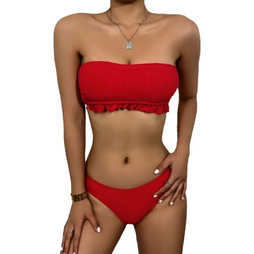Strapless Two Piece Swimwear Women Swimsuit Ruffle Bikini Set Patchwork Flouncing Sleeveless Push Up Low Waist Brief