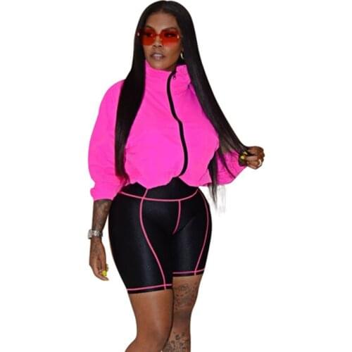 Sexy Two Piece Set Tracksuit for Women Zipper Turtleneck Long Sleeve Jacket Top and Elastic Shorts Casual Sweat Suit Streetwear