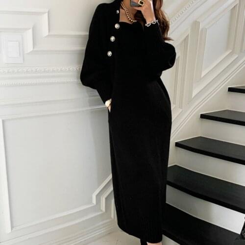 Winter Turtleneck Button Women Knitted Dress Elegant Full Sleeve Lace-up Thicken Long Sweater Robe Female Vintage Vestidos Mujer