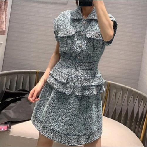 2020 autumn women small fragrance party dress lapel tweed dresses girls blue short sleeve plaid knit dress