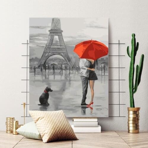 Scenic red umbrella couple on the streets of Paris DIY painting digital art painting digital family hotel decorative painting