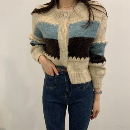 Zoki Korean Women Cardigan Sweater Fashion Striped Slim Korean Patchwork Knitted Short Jacket Casual Long Sleeve Sweater Coat