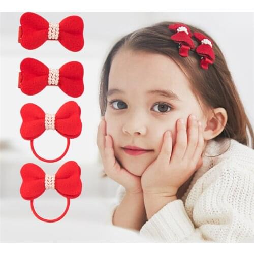 20pcs/lot Red Bow Hair Rope Two Layer Fall Hair Bow Barrettes Pearl Christmas Woolen Girl Hair Accessory Summer Princess Hairpin
