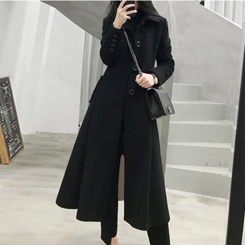 Plus size womens long woolen coat winter new wool windbreaker coats female Solid color black woolen jacket overcoat