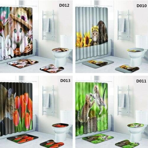 4Pcs/Set Cute Cat Shower Curtain Waterproof Bathroom Decoration Waterproof Toilet Cover Bath Mat Rug Cover Set