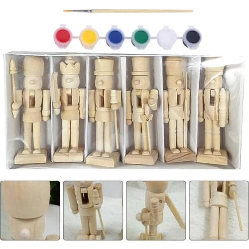 6pcs Christmas Ornaments Wooden Nutcracker Soldier Puppet (Random Pattern) (12cm With Paint And Pen Style Random)