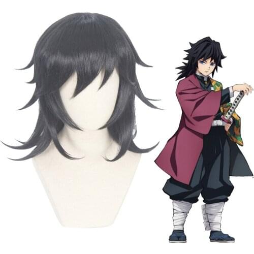Anime Demon Slayer Tomioka Giyuu Cosplay Wig Kimetsu no Yaiba Black Fluffy Ponytail Synthetic Hair Halloween Role Play Adult