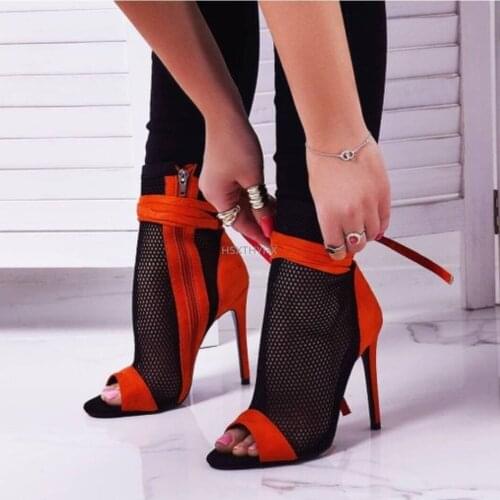 Summer Zipper Boots Sandals Black Mesh Sexy Peep Toe Lace Up Women Shoes High Heel 11.5CM Thin Heel Ladies Boots