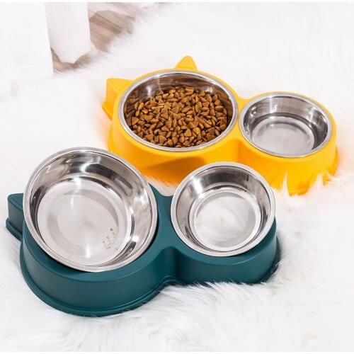 2 Grids Plastic +Stainless Steel Pet Feeders Supplies Water Bowl Cat Shape Food Feeding Bowls For Cat Dog