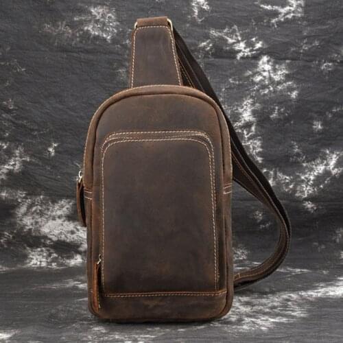 Brand Men Crazy Horse Cowhide Chest Bags Shoulder Messenger Bag Casual Retro Classic Cross Body Sling Rucksack Back Day Pack