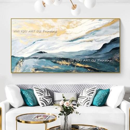 100% Handpainted Abstract Gold Gray Green Wall Art Color Water Poster Decorative Picture for Living Room Home Decor Cuadros